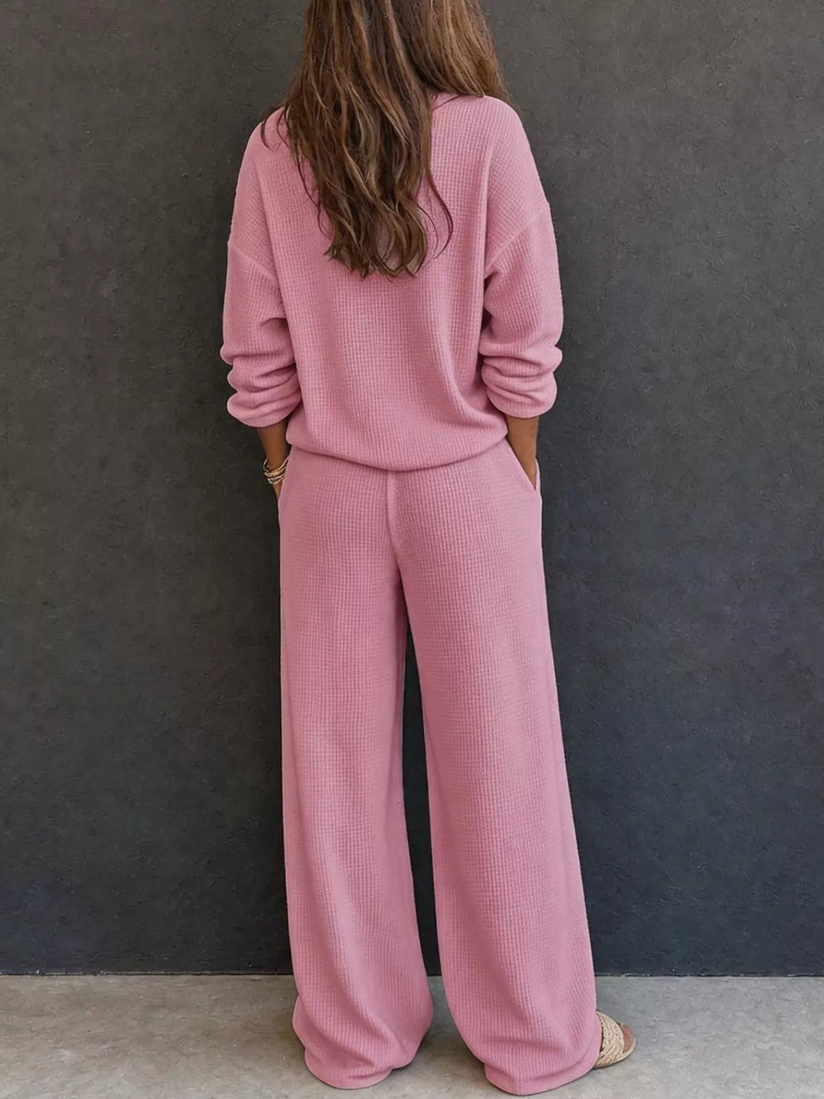 Waffle knit henley top and wide leg pants set, view 6