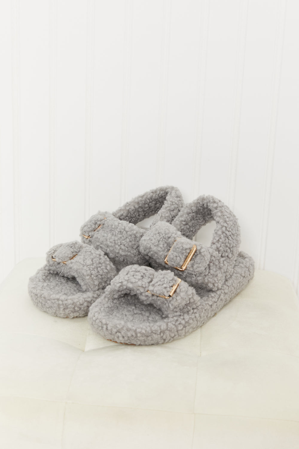 Grey Qupid Cozy Atmosphere faux fur buckled sandals with chunky sole and open toe, stylish and comfortable for casual wear.