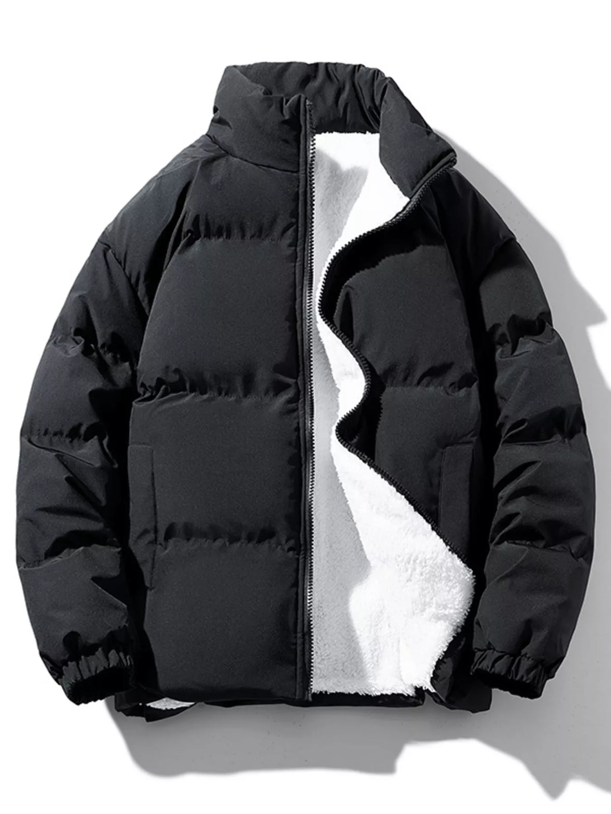 Men's plus size sherpa-lined zip-up puffer jacket, view 3