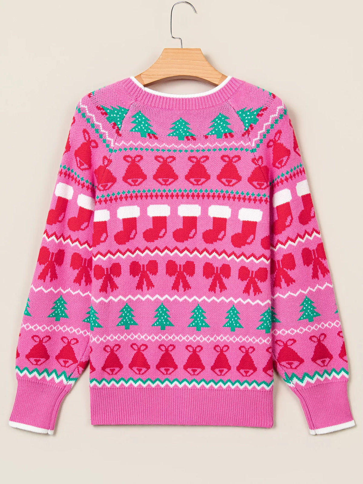 Fuchsia pink round neck Christmas graphic knit sweater, view 4