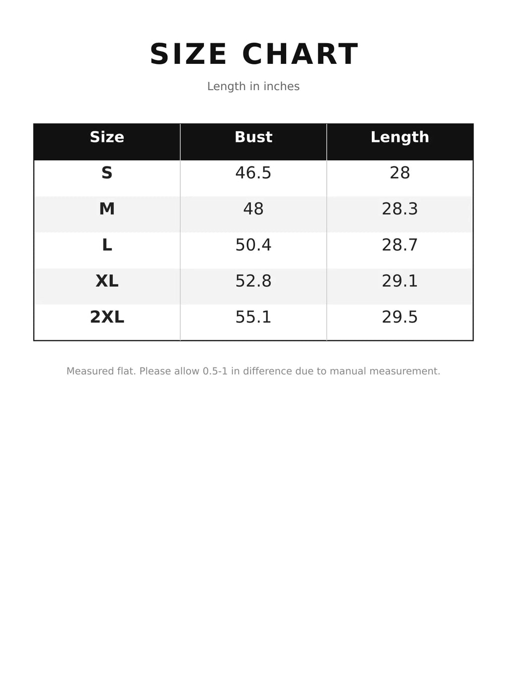 Size chart for open-front ribbed batwing sleeve cardigan