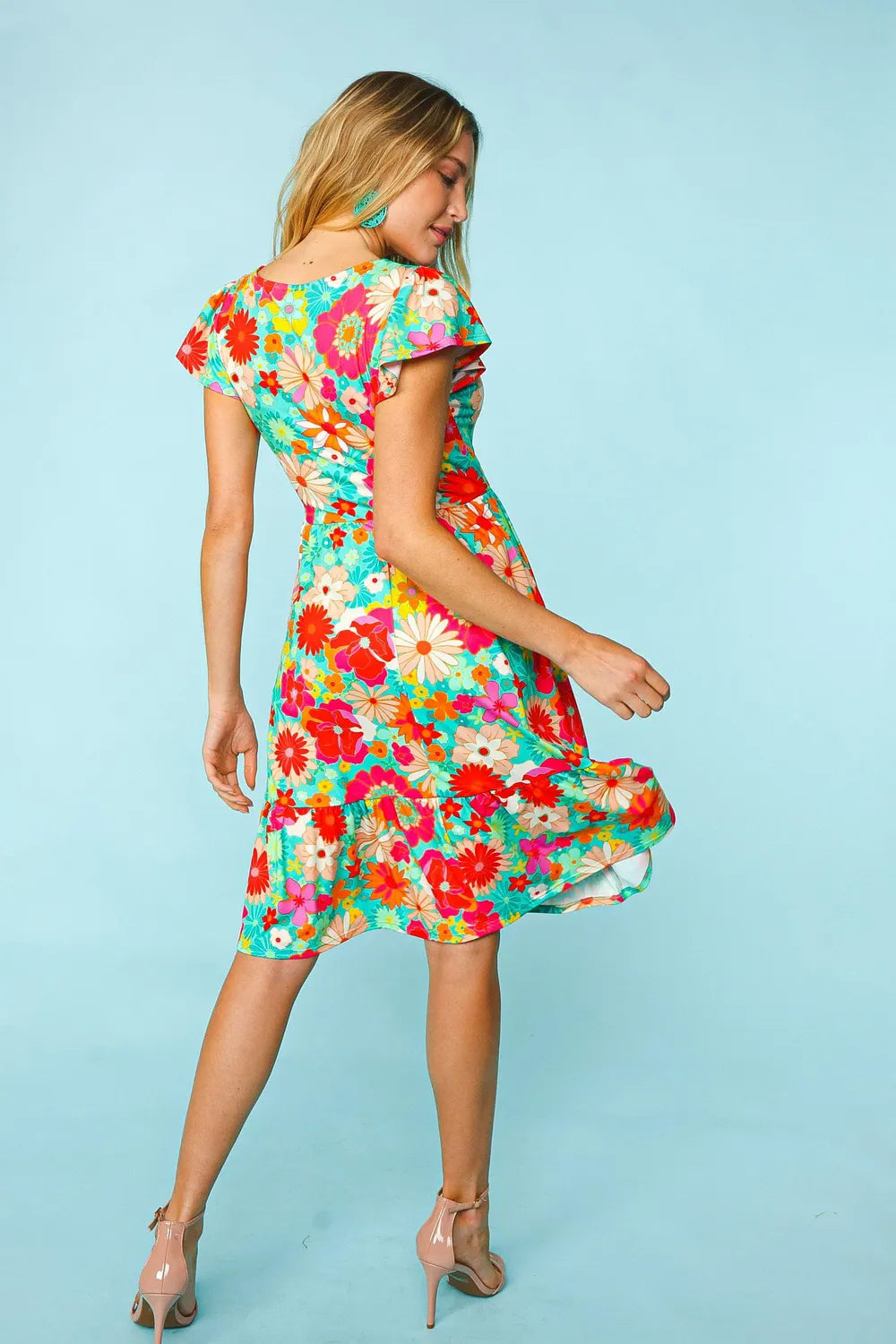 Haptics Floral Square Neck Short Sleeve Dress by Trendsi, featuring a feminine floral pattern and a stylish square neckline.