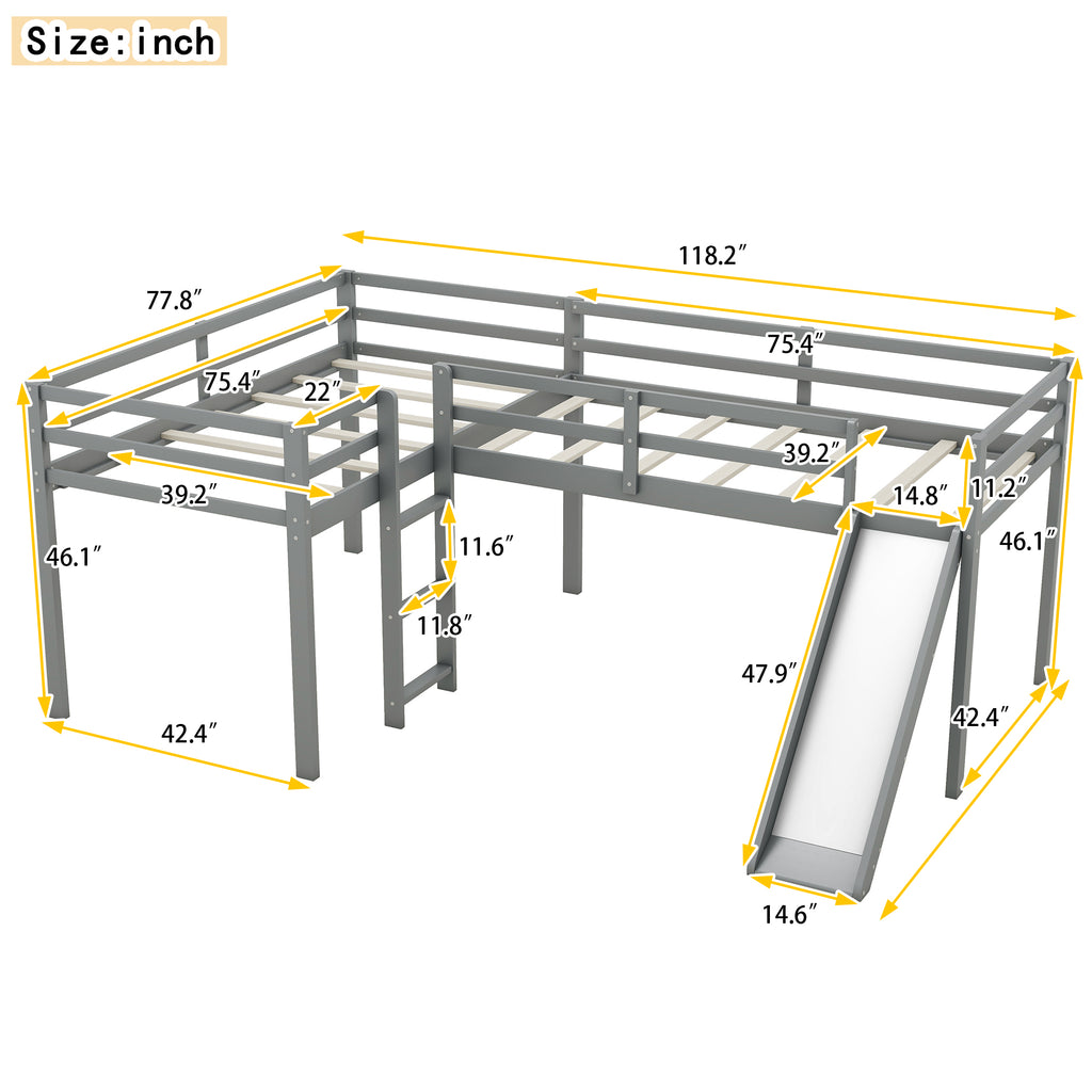 L-Shaped Twin Loft Bed with Ladder & Slide – Gray