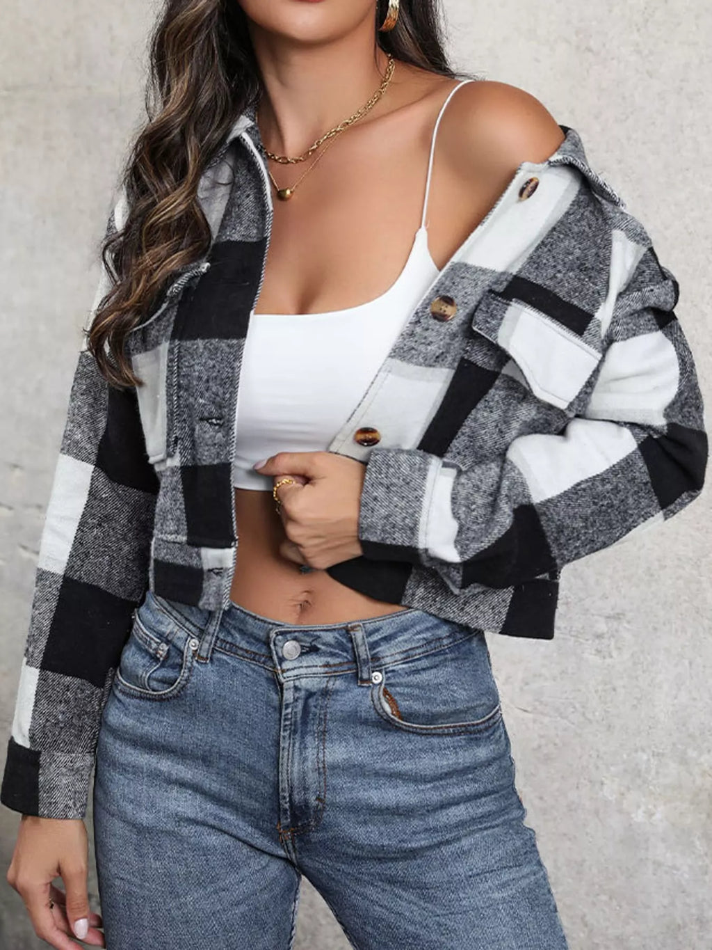 Plaid button-up cropped jacket, view 29
