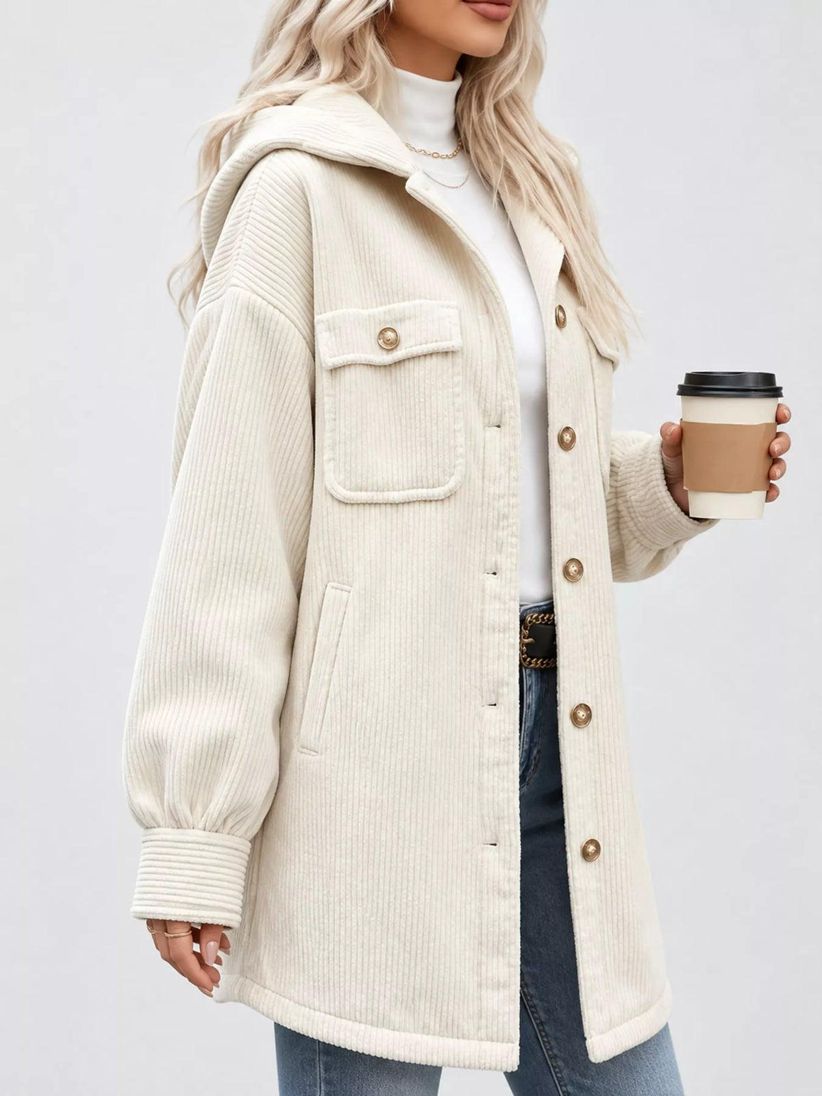 Corduroy button-down jacket with pockets, view 3