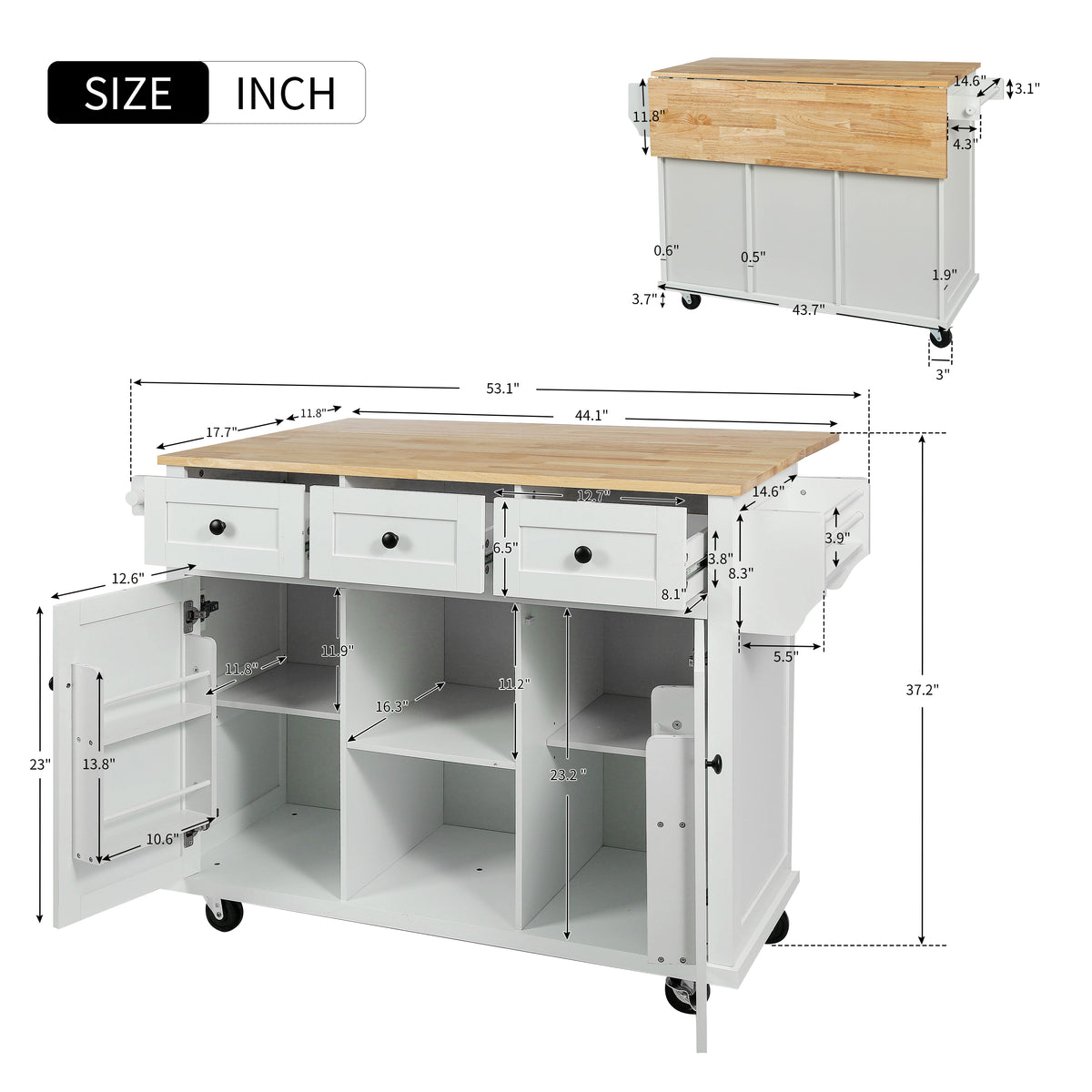 White Rolling Kitchen Island with Drop-Leaf Top & Storage