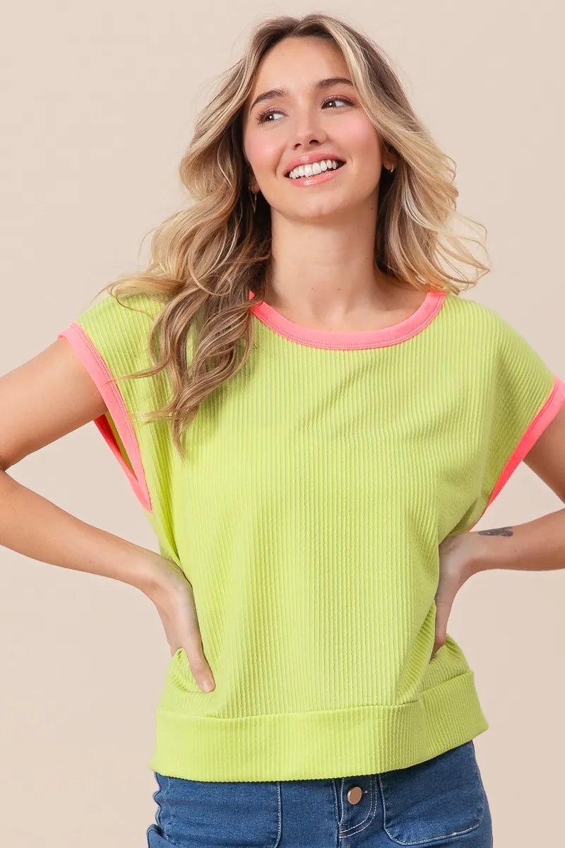 Trendsi BiBi Cord Rib Knit contrast banded top featuring a fitted silhouette and ribbed texture in neutral tones.
