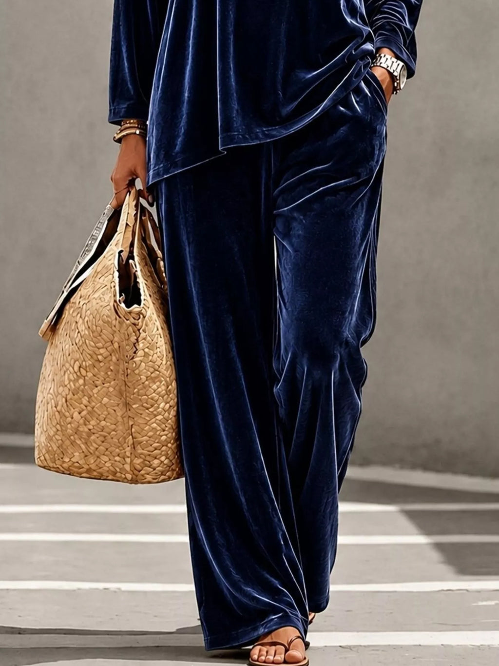 Plus size velvet long sleeve top and pants set by Trendsi, featuring a full-length, cozy, and stylish loungewear outfit.