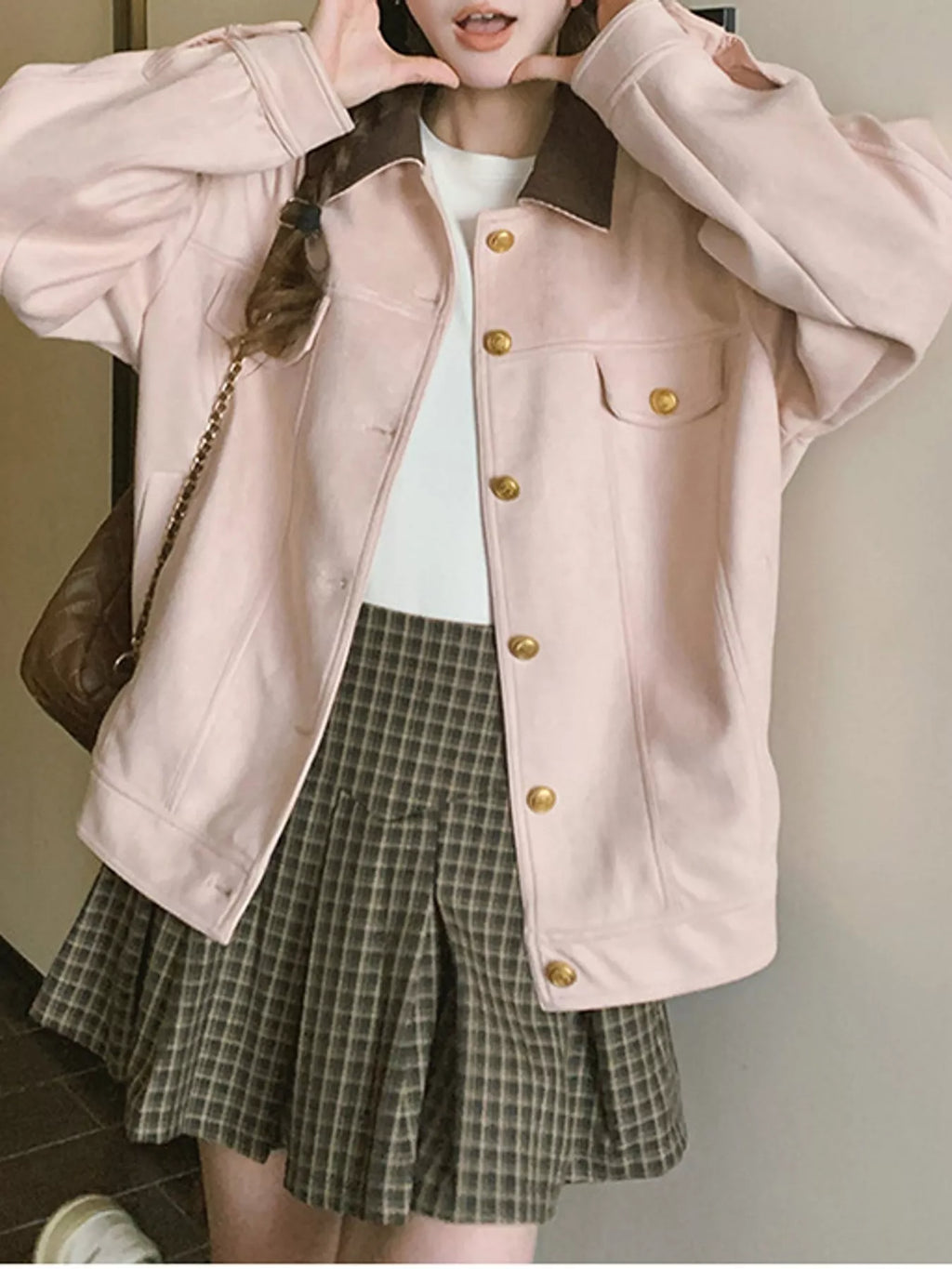 Pink suede button-up dropped shoulder jacket, view 6