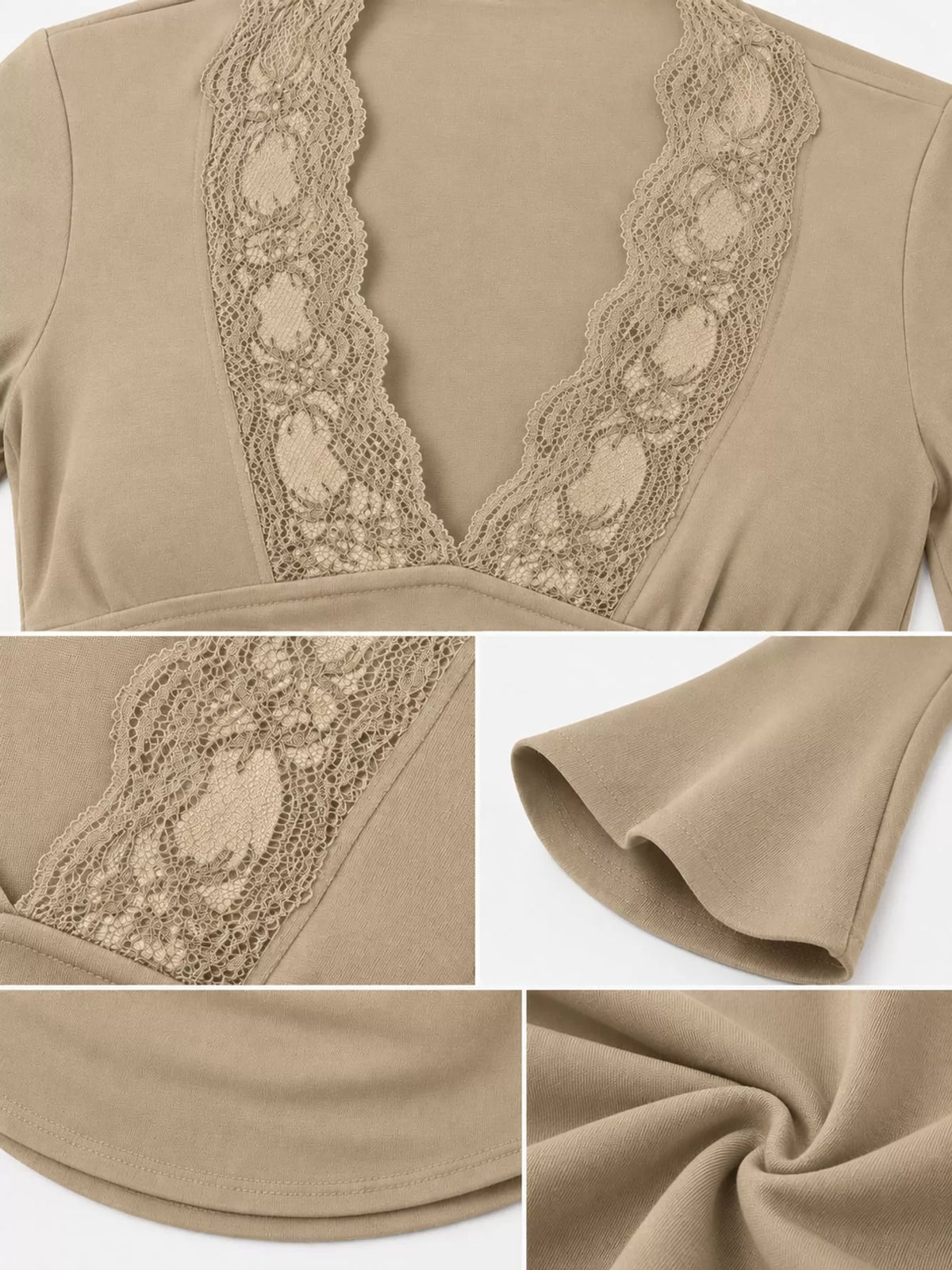 Slim fit V-neck T-shirt with lace trim, long sleeves, and a stylish design from Trendsi.