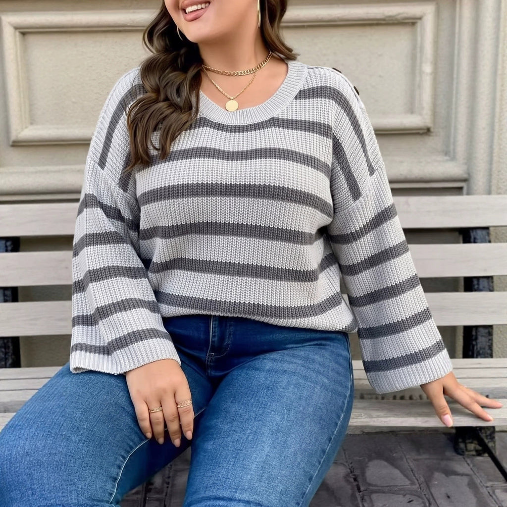 Ladies' Striped Top, Plus Size Women's Clothing, Button Decoration,Sweater
