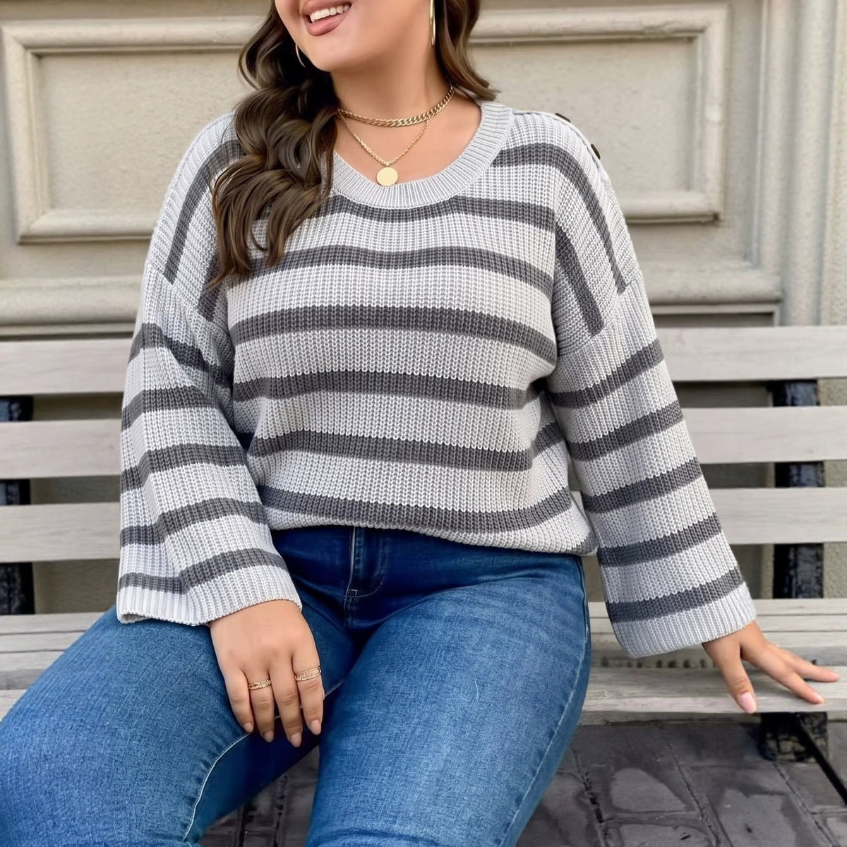 Ladies' Striped Top, Plus Size Women's Clothing, Button Decoration,Sweater