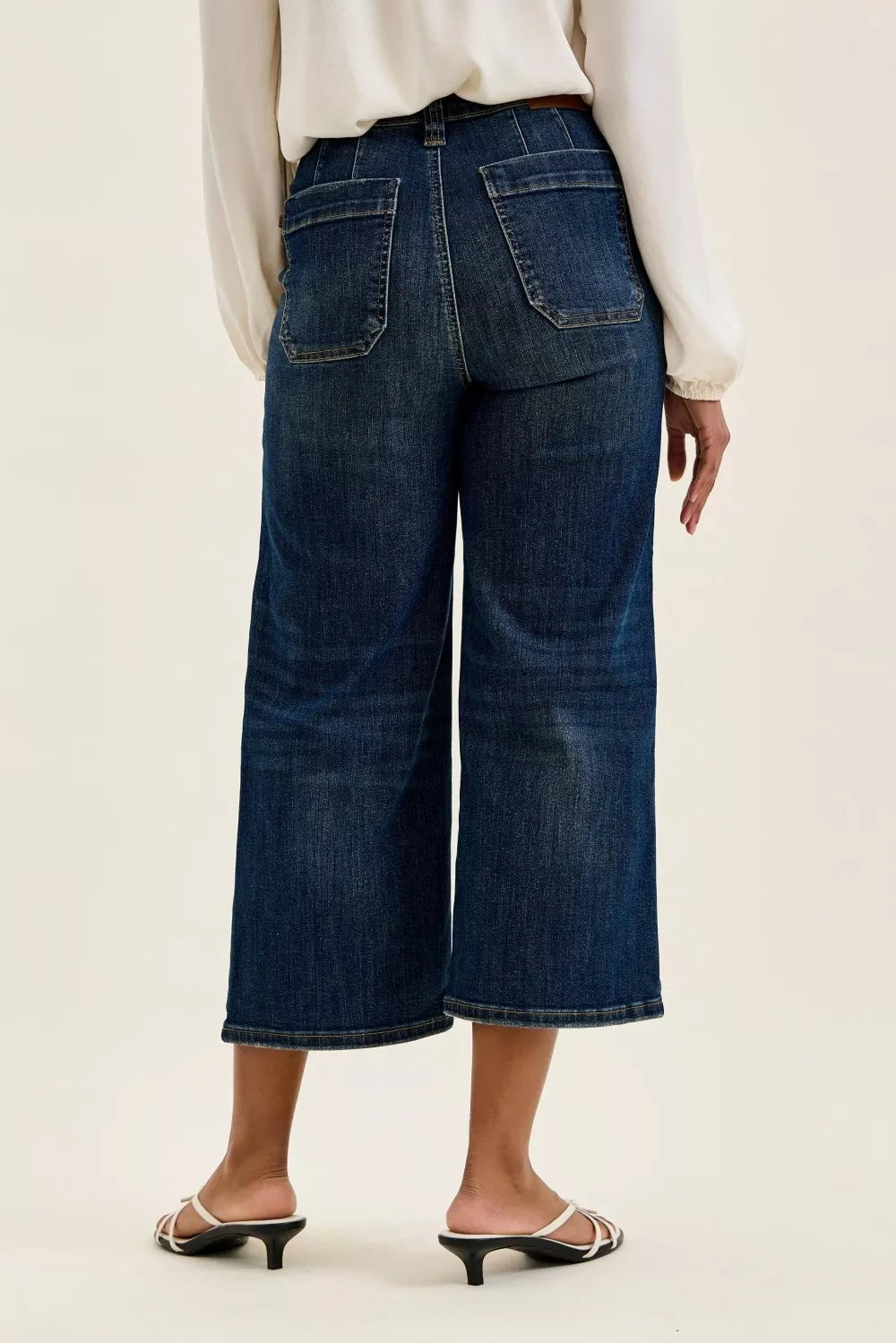 Trendsi Judy Blue high waist wide crop utility jeans with patch pockets, denim with a relaxed fit and stylish design.