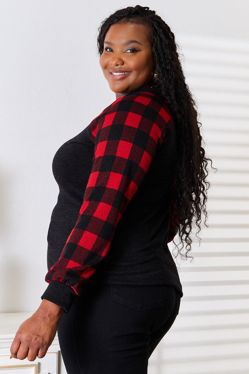 Black plaid top with sequin reindeer graphic, view 6