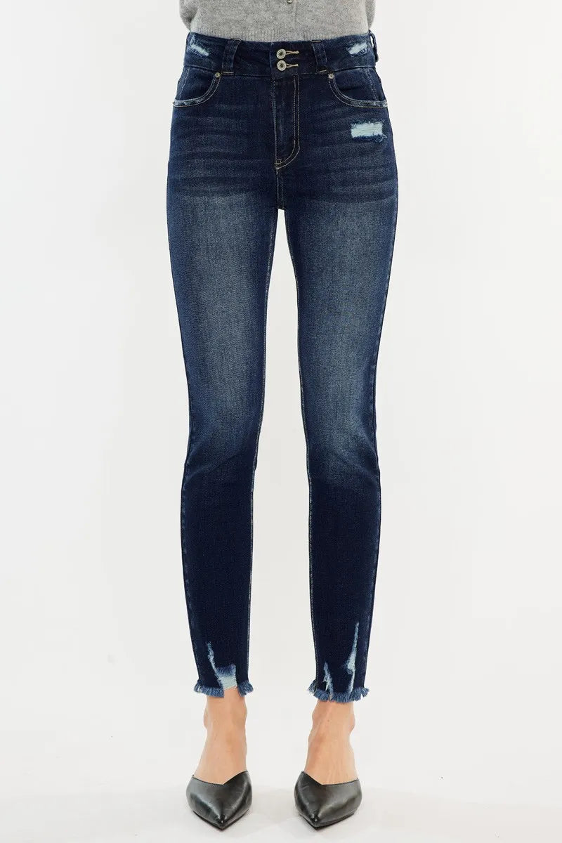 Kancan high waist jeans with raw hem and cat's whiskers design, featuring a full size fit and trendy denim style.