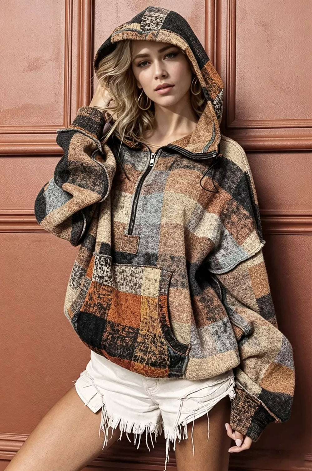 Half-zip fleece hoodie with exposed seams