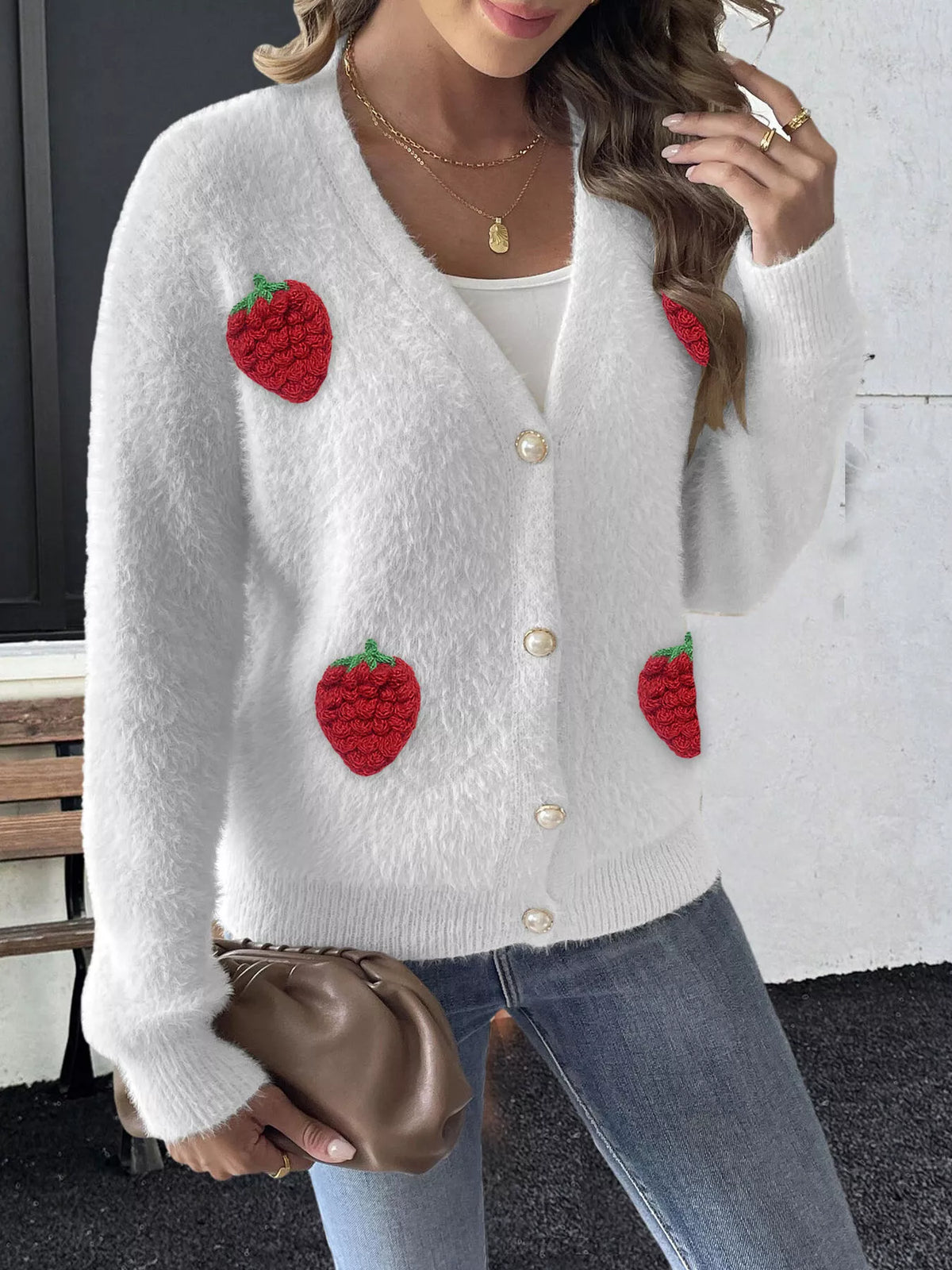 Fuzzy knit cardigan with strawberry appliques, view 10