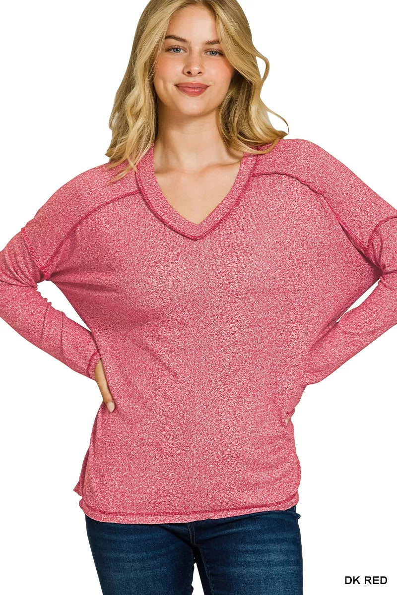 Soft melange Hacci hi-low tee by Trendsi featuring exposed seams and a comfortable, relaxed fit in natural fabric.