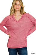 Soft melange Hacci hi-low tee by Trendsi featuring exposed seams and a comfortable, relaxed fit in natural fabric.