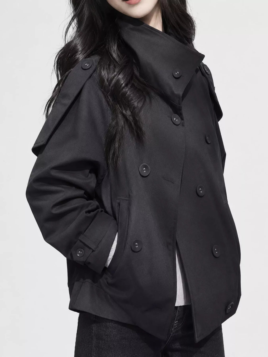 Double-breasted cropped trench jacket, view 11