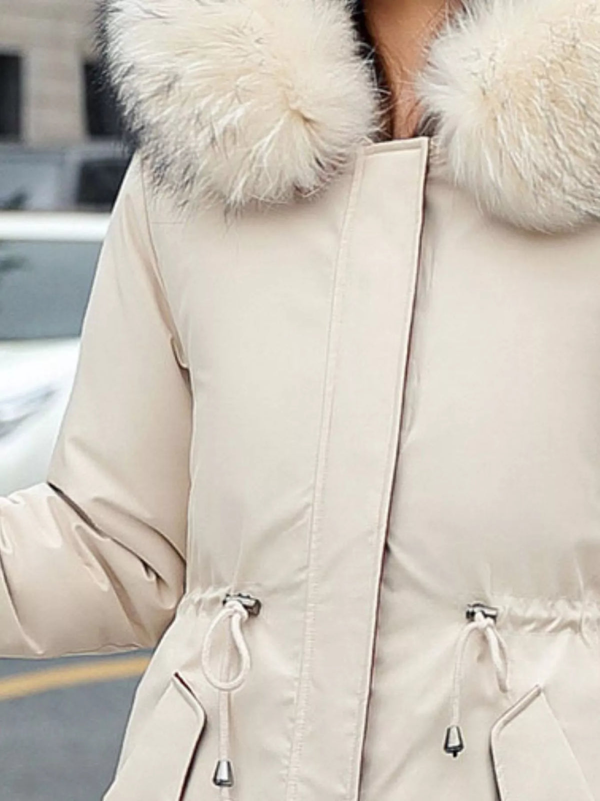 Longline hooded parka with faux fur trim and drawstring waist, view 31
