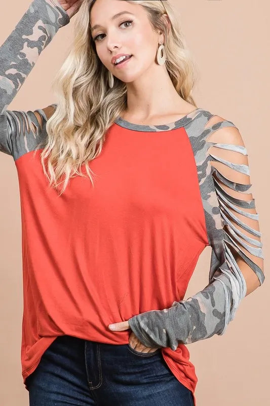 Trendsi BiBi Jersey Knit Top featuring camouflage laser cut sleeves and a lightweight, comfortable fit.