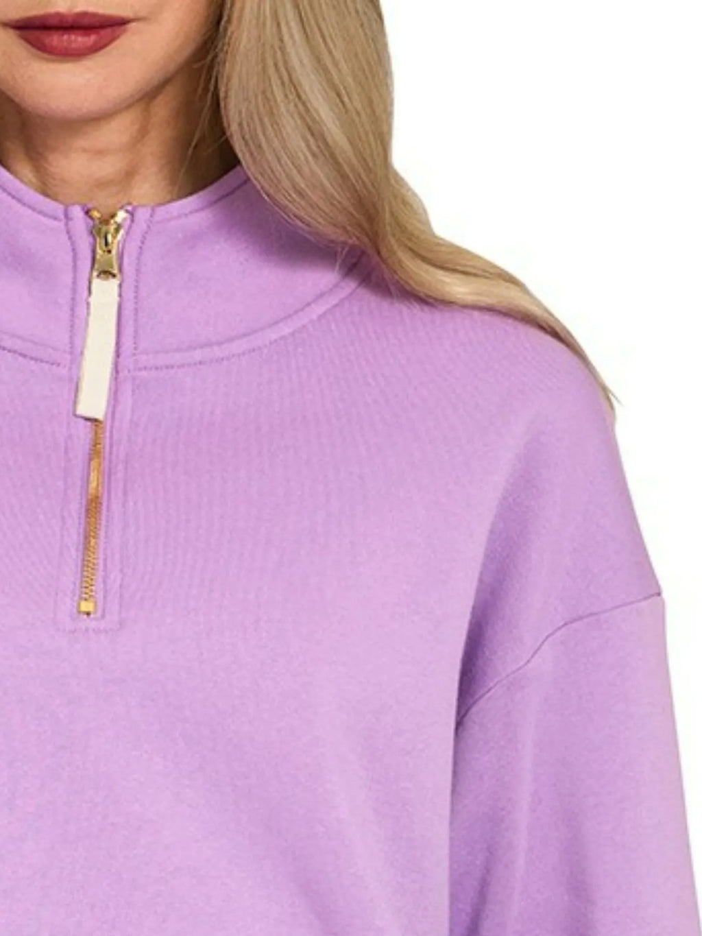 Soft Zenana fleece half zip sweatshirt in a cozy, relaxed fit with a high collar and front zip, perfect for casual wear.