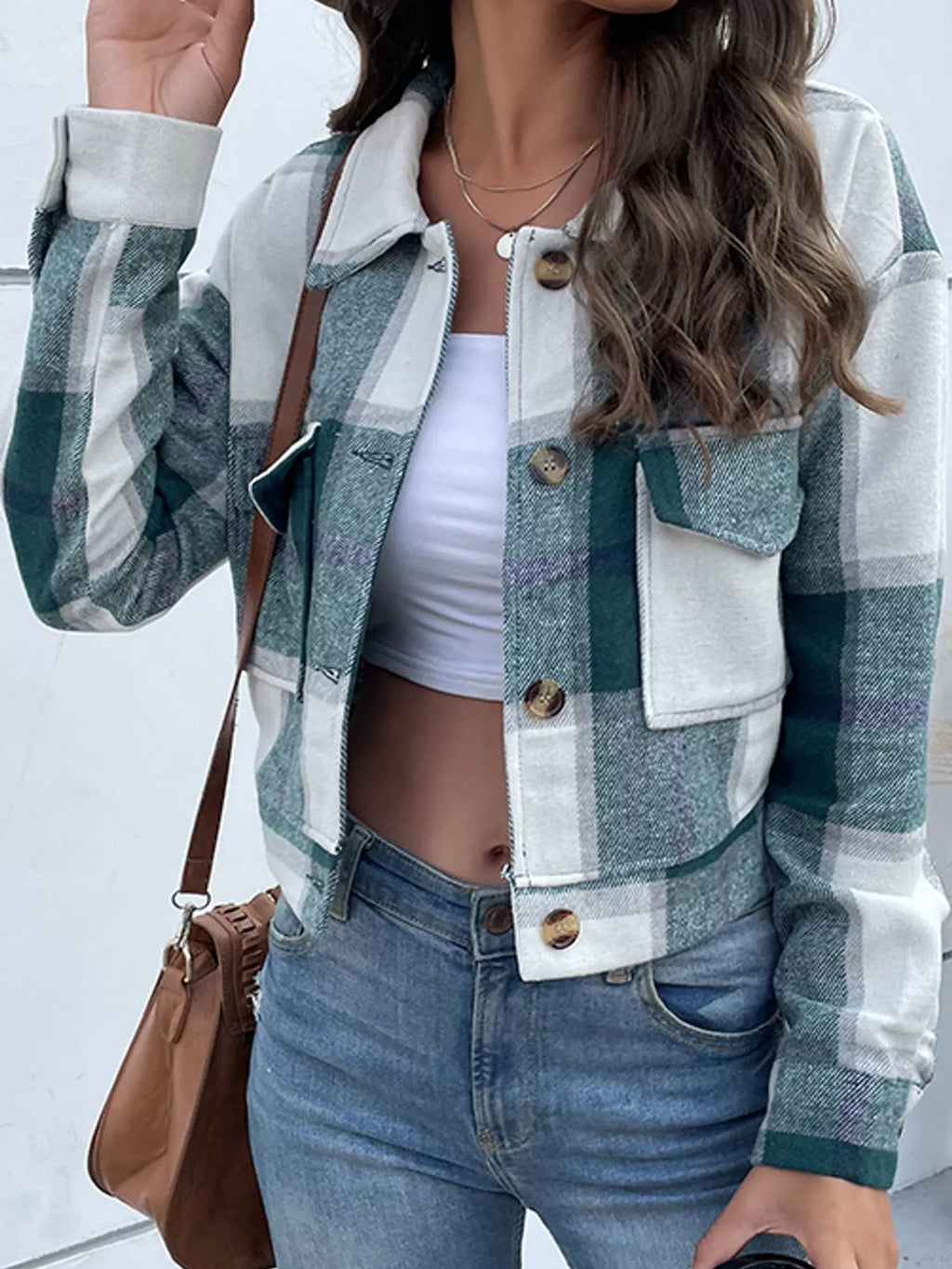 Plaid button-up cropped jacket, view 12