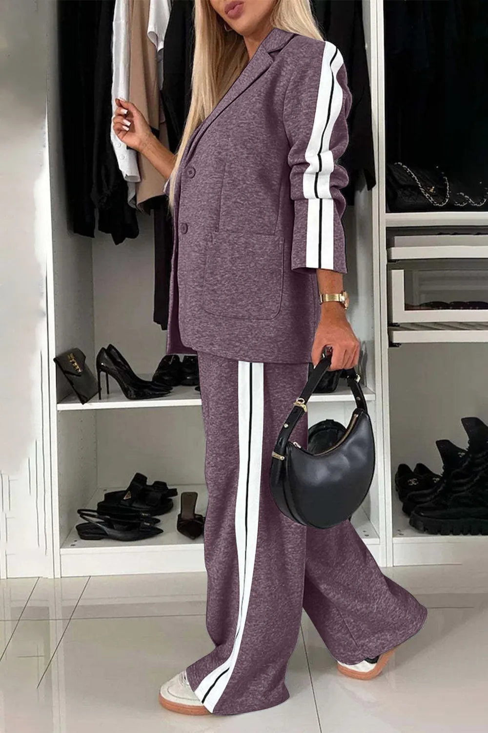 Full size contrast lapel collar top and pants set by Trendsi, featuring a stylish coordinated outfit with a lapel collar top and matching pants.