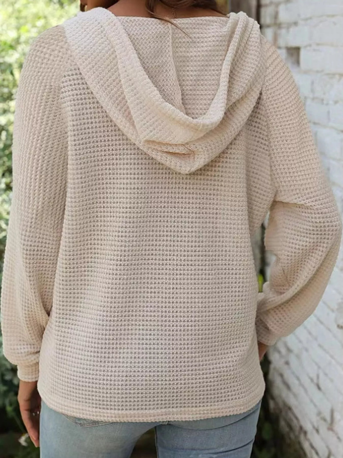 Plus size waffle knit half-button drawstring hoodie, view 6