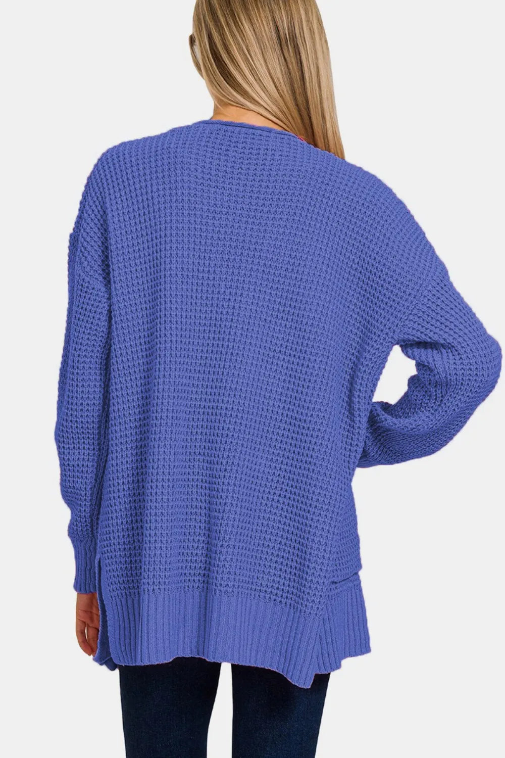 Light beige Zenana waffle open front sweater cardigan with long sleeves and a cozy, textured knit fabric.