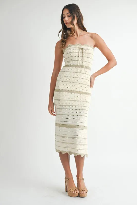 MABLE contrast striped crochet knit midi dress by Trendsi, featuring a stylish striped pattern and comfortable fit.