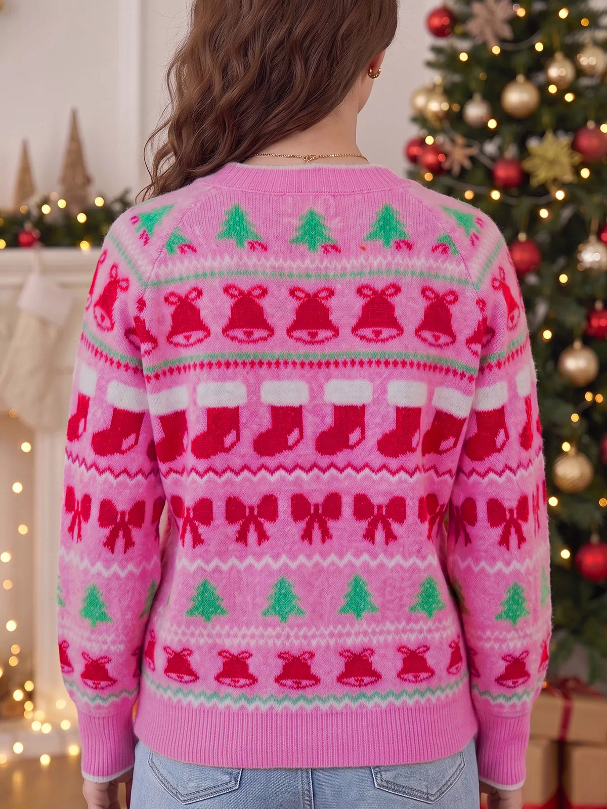 Fuchsia pink round neck Christmas graphic knit sweater, view 2