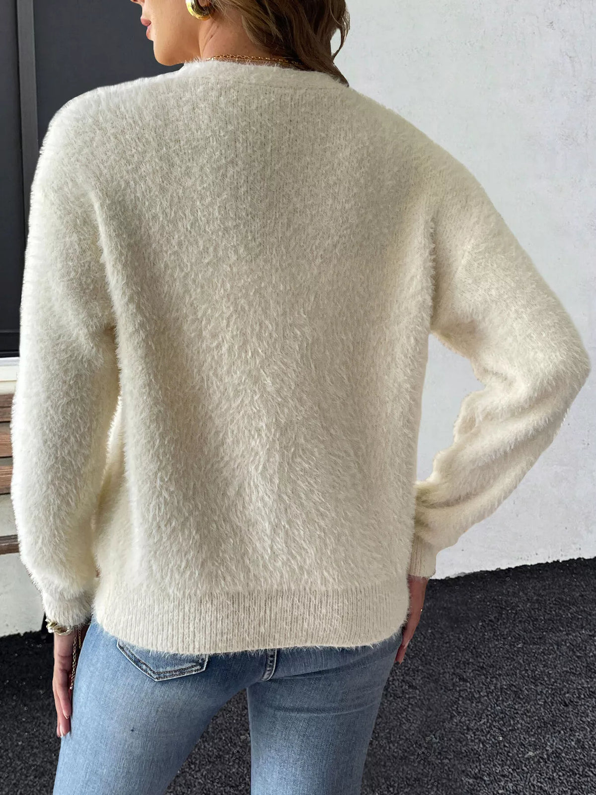 Fuzzy knit cardigan with strawberry appliques, view 5