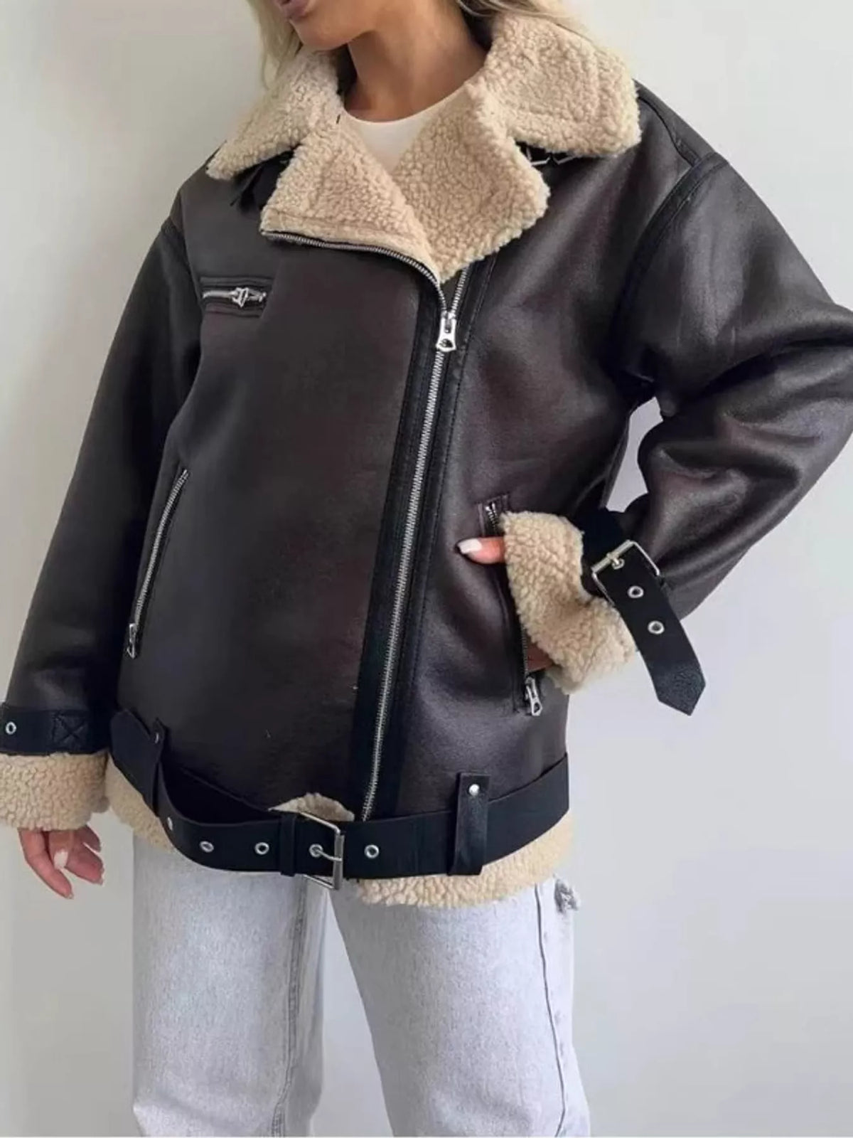 Dark brown faux leather zip-up jacket with belt, view 3