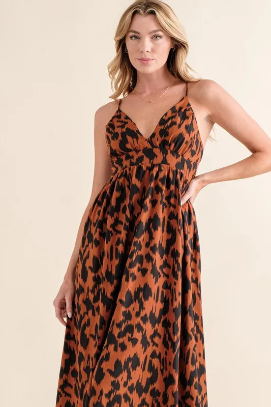 Leopard print plunge maxi dress from Trendsi featuring a fitted waist and flowing skirt, perfect for stylish summer occasions.