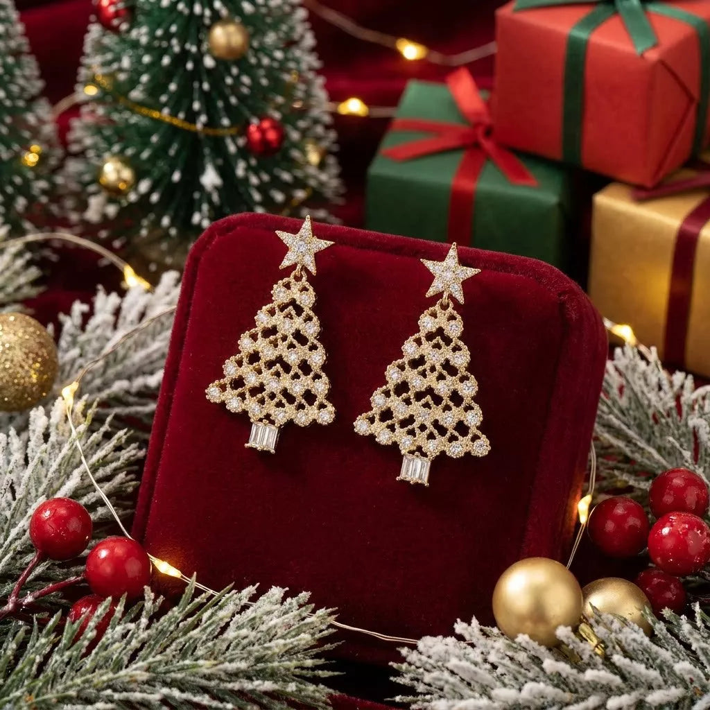 Christmas tree dangle earrings with zircon, view 4