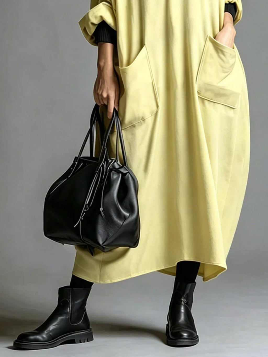 Full size loose-fit mock neck midi dress with pockets from Trendsi, featuring a relaxed silhouette and soft fabric.