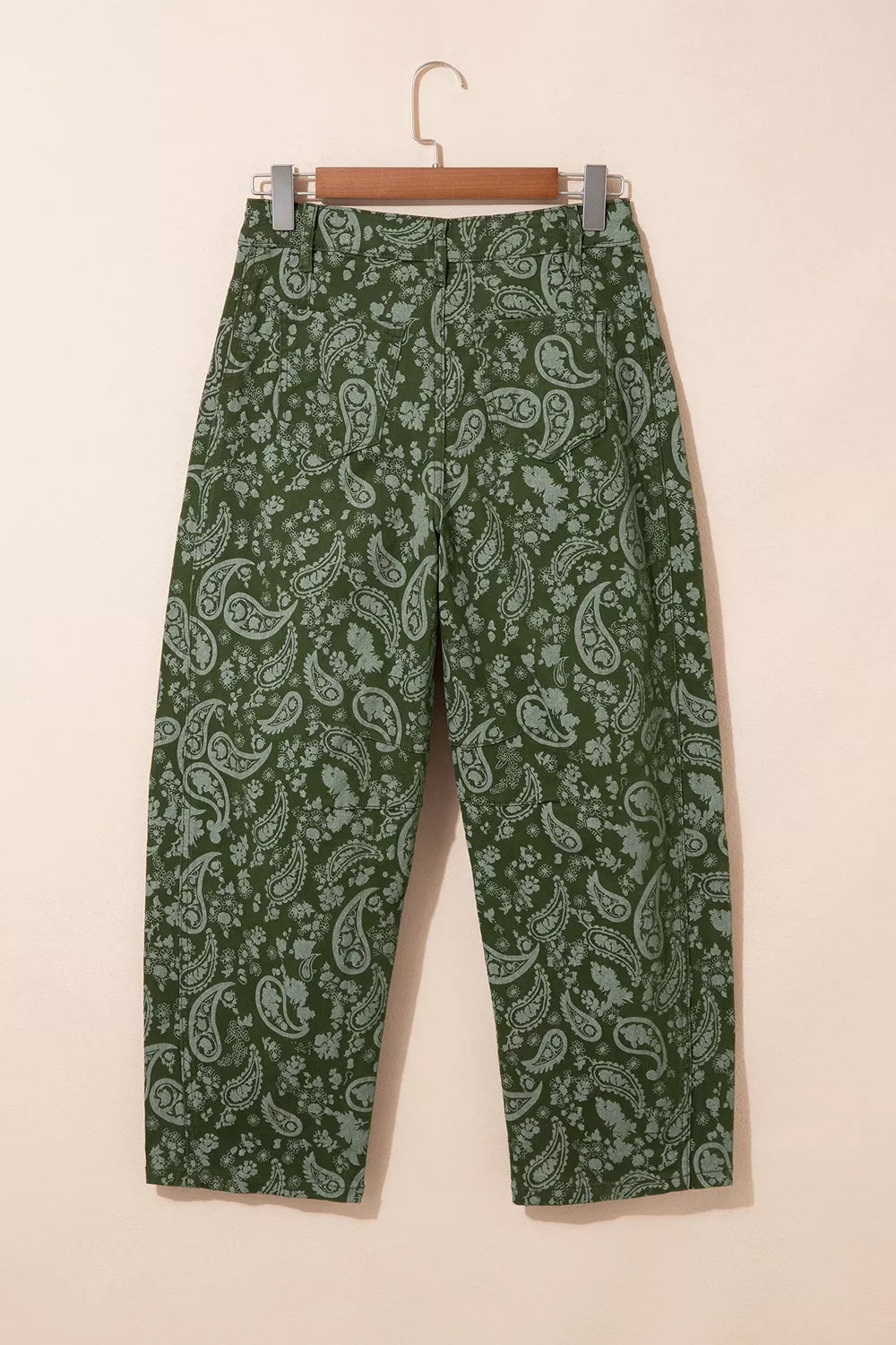 Paisley print harem denim pants from Trendsi featuring relaxed fit and stylish design with colorful paisley patterns.
