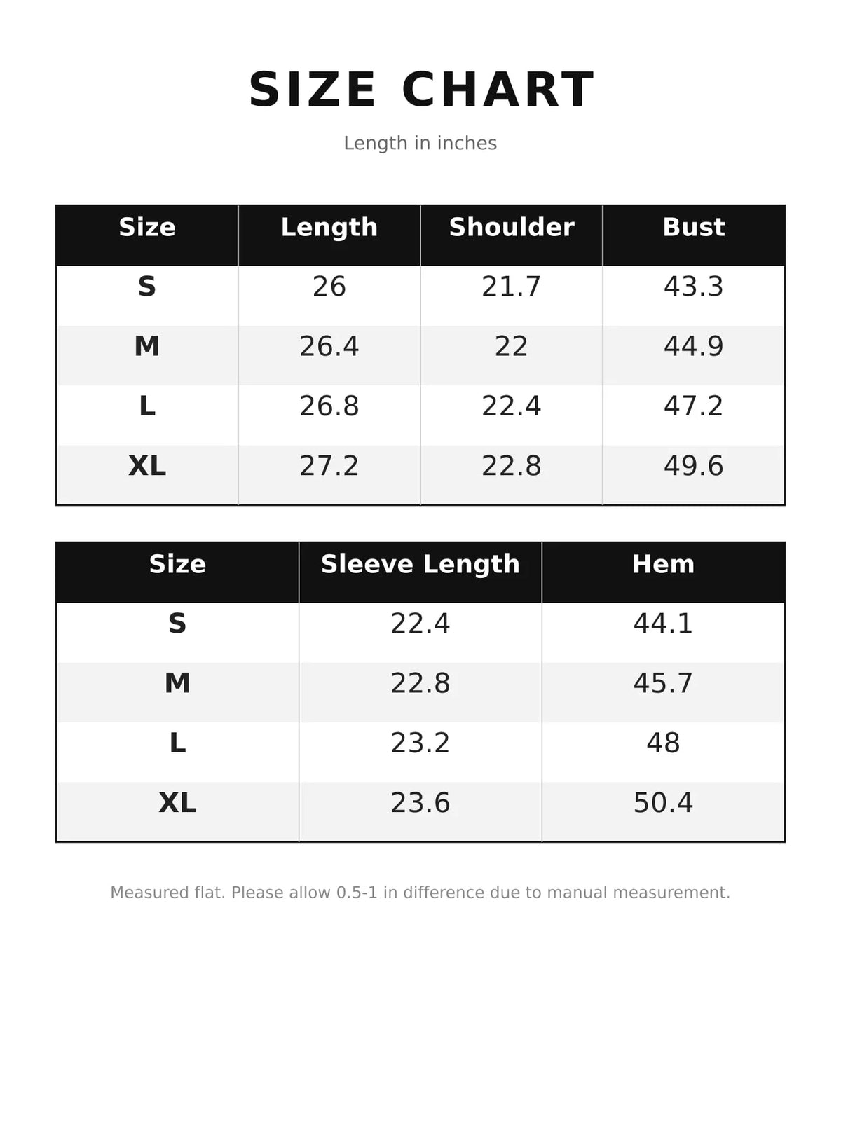 Size chart for dark brown faux leather zip-up jacket with belt