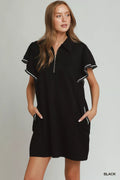 Umgee half zip ruffle rib band butterfly sleeve mini dress with pockets, featuring a casual fit and stylish design.