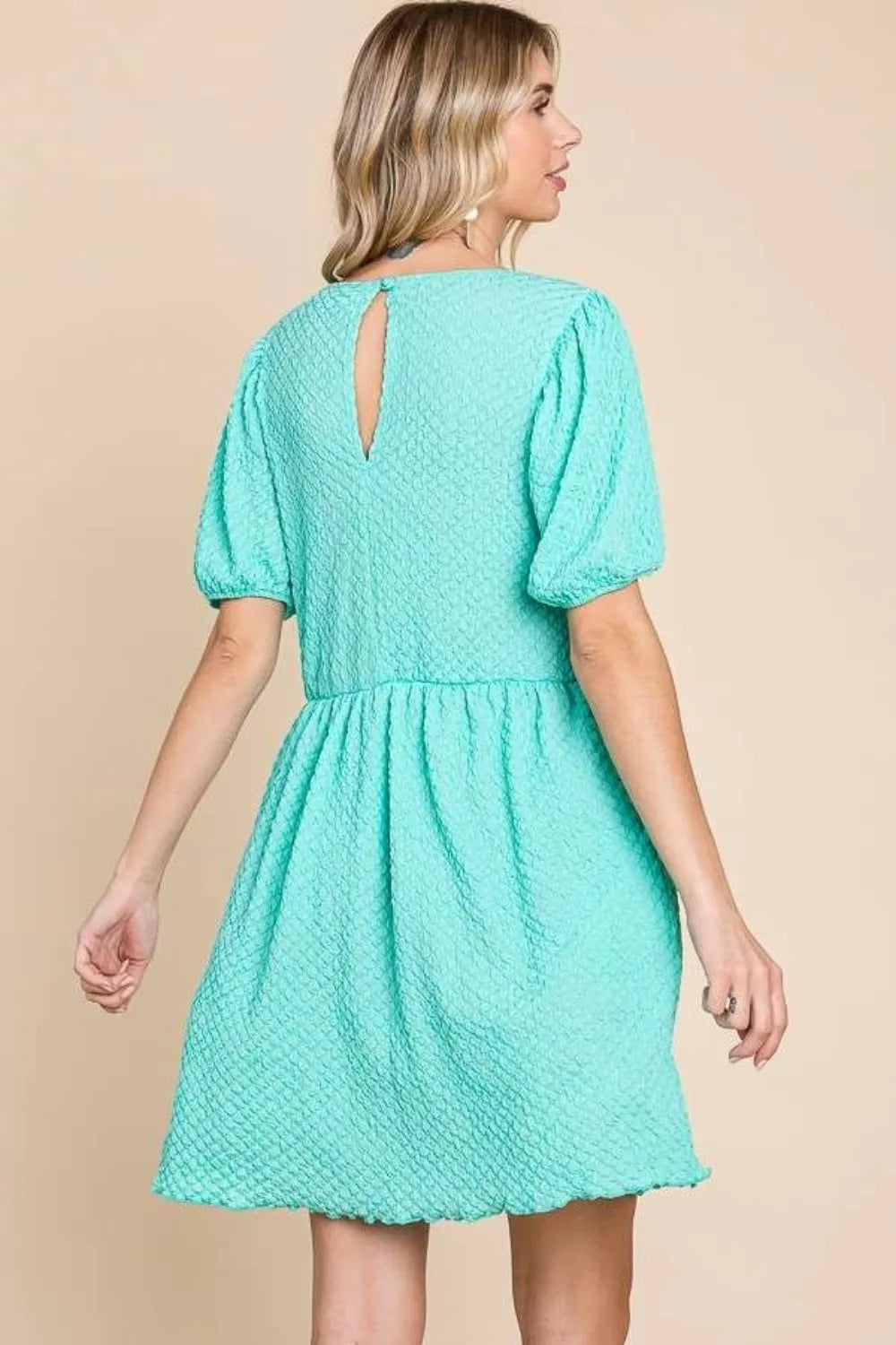 Textured round neck puff sleeve dress by Trendsi, featuring a full size, stylish design with puffed sleeves and a textured fabric.
