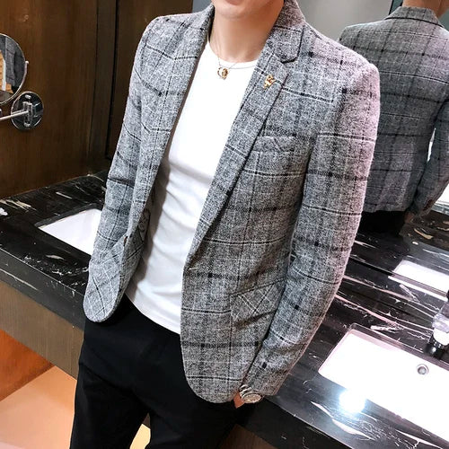 2025 New Men's Casual Plaid Suit Jacket Male Linen Plaid Business Self-cultivation Wedding Dress Party Suit Coat Plus Size S-5XL