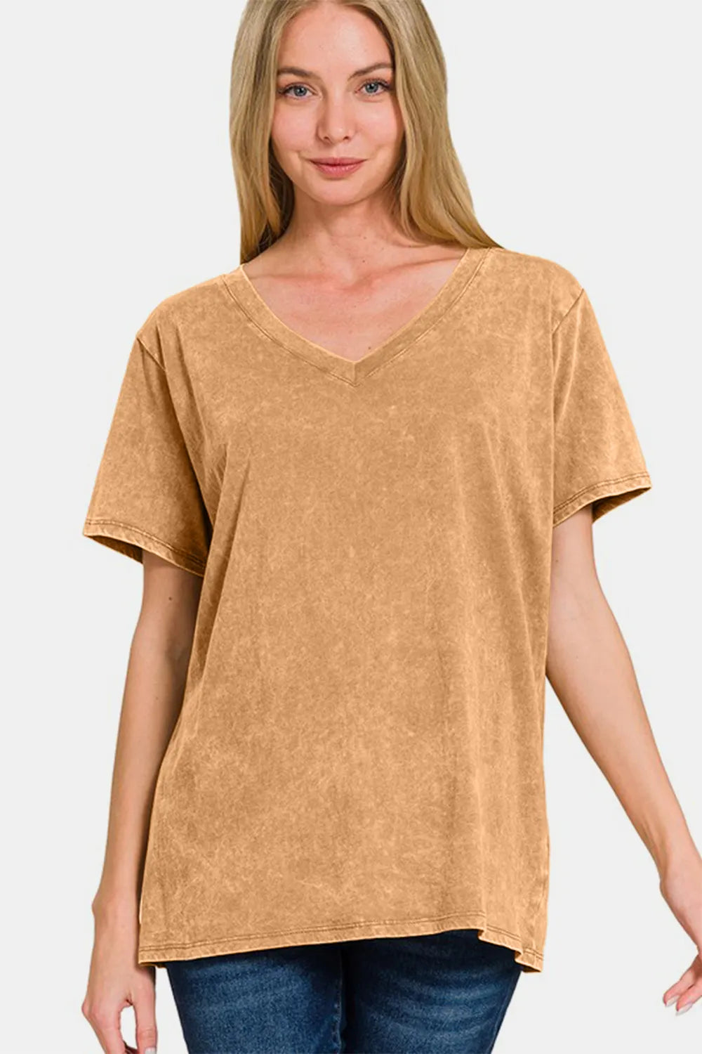 Light blue Zenana short sleeve V-neck T-shirt with washed fabric texture, displayed on a hanger.