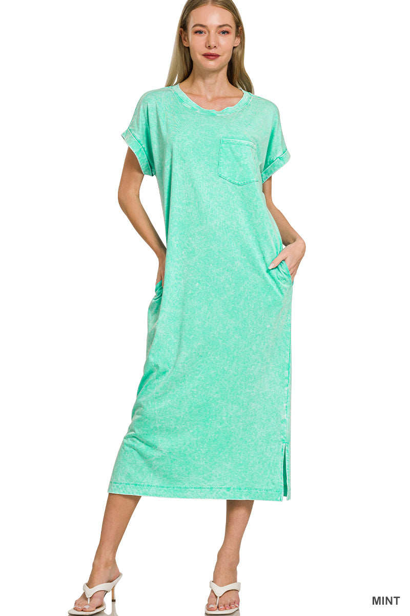 Zenana washed exposed seam short sleeve T-shirt dress, casual fit, lightweight fabric, styled with a relaxed silhouette.