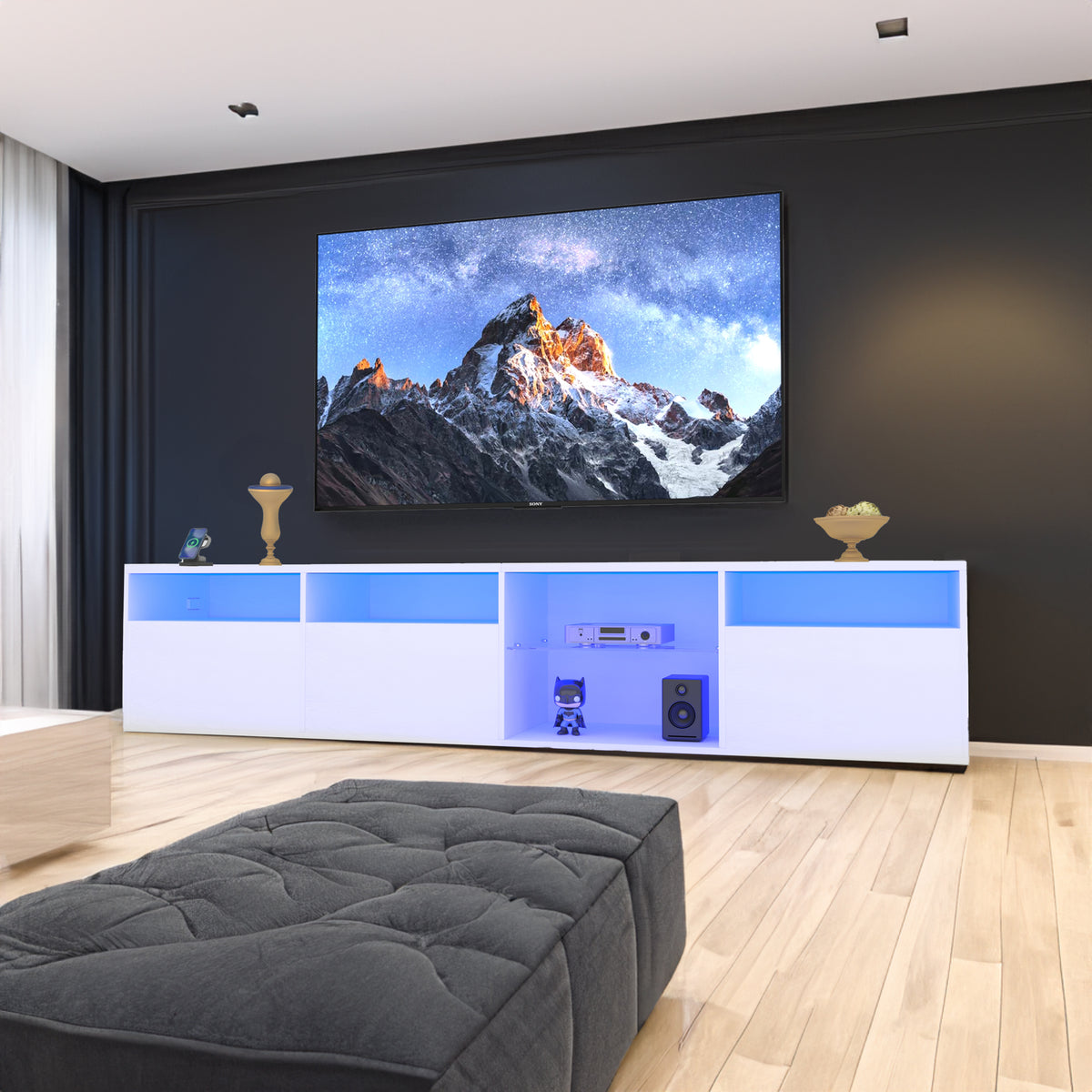 TV console with storage cabinet, 82.6-inch long LED TV stand with 31 mode switching lights (white, suitable for 75/80 inch TVs)