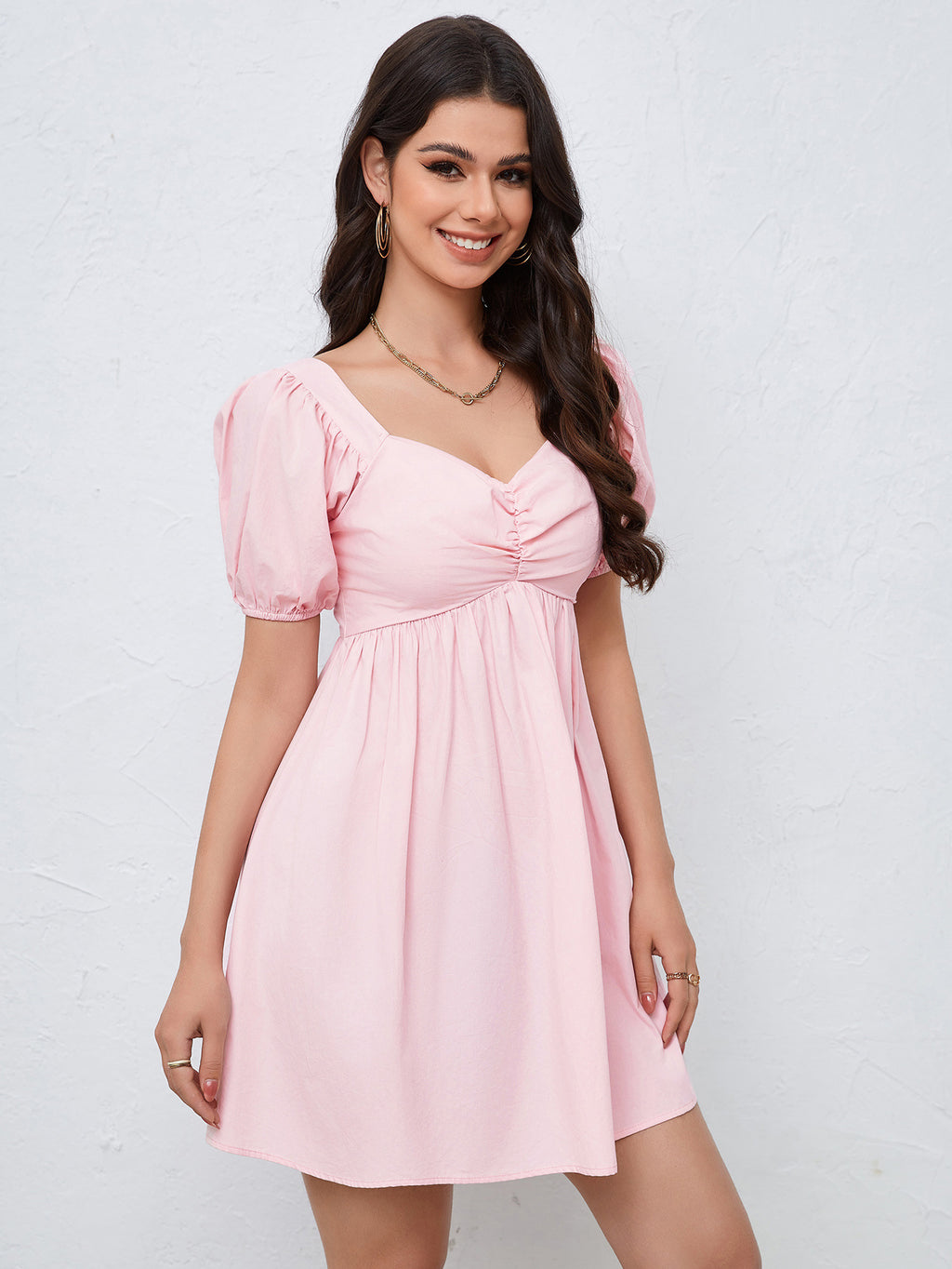 Women's Pink V-Neck Short-Sleeve Mini Dress