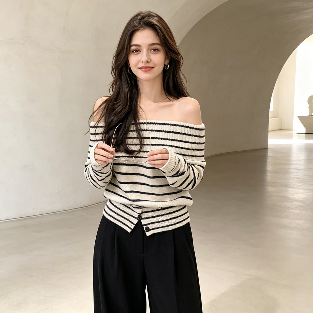 Single neck off shoulder striped sweater for women eprolo