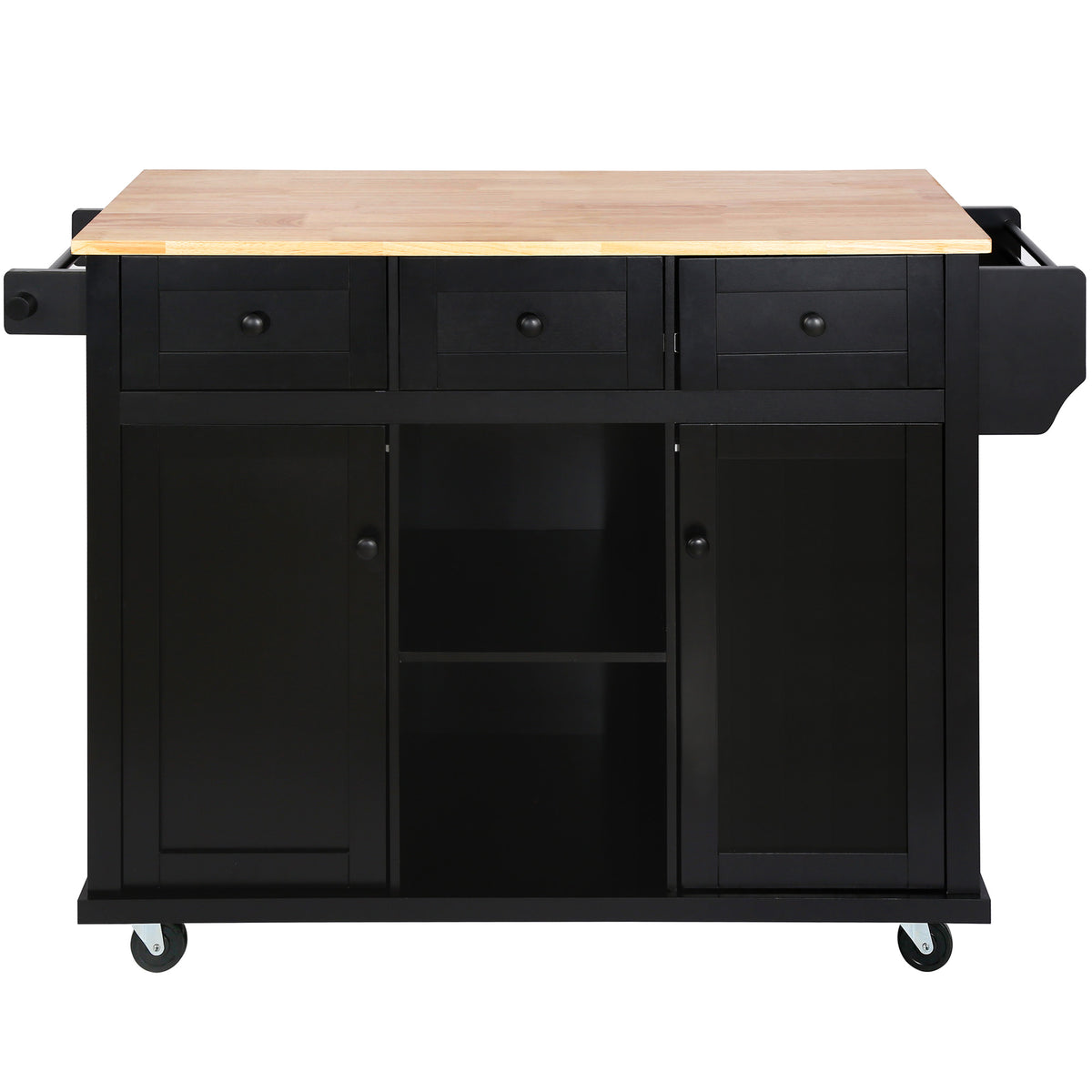 Black Rolling Kitchen Island with Drop-Leaf Top & Storage
