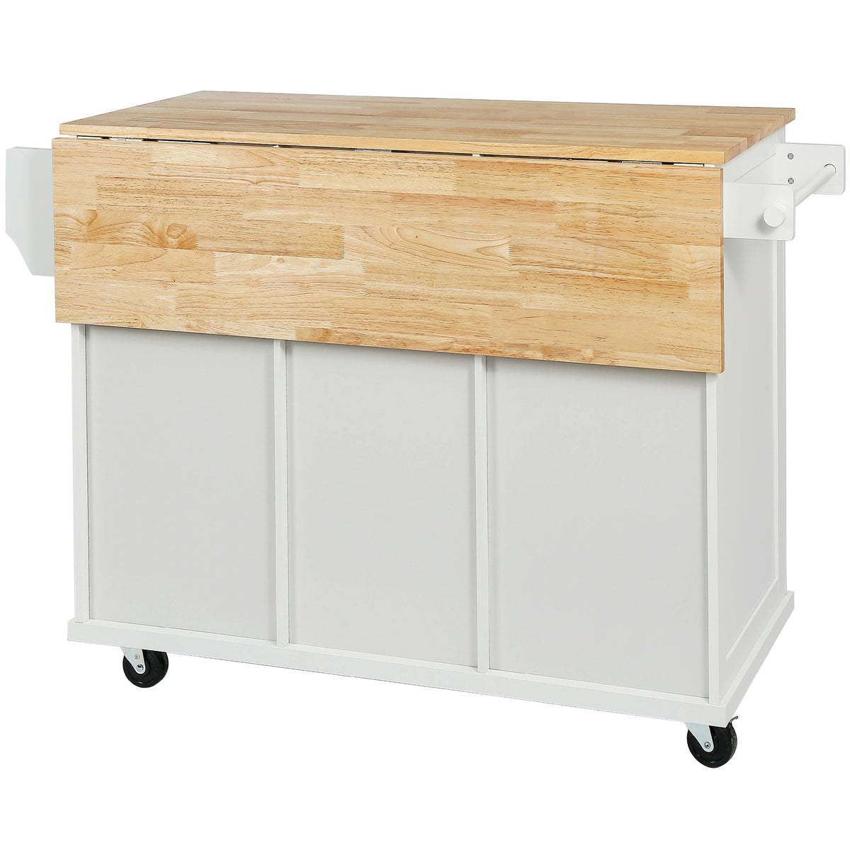 White Rolling Kitchen Island with Drop-Leaf Top & Storage